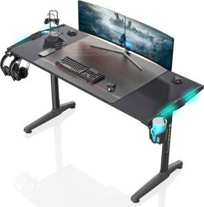 EUREKA ERGONOMIC 55寸游戏桌，PC 游戏电脑桌带 RGB LED 灯，大型游戏桌工作站，免费鼠标垫，USB 端口控制器支架，杯架和耳机挂钩